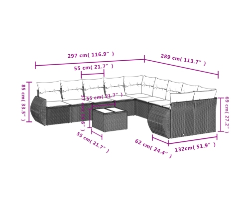 Set de sofás de jardín 11pzas con cojines ratán sintético beige