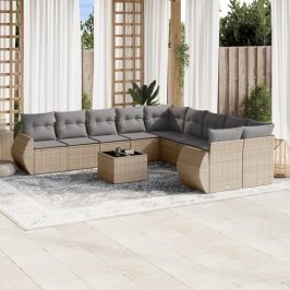 Set de sofás de jardín 11pzas con cojines ratán sintético beige