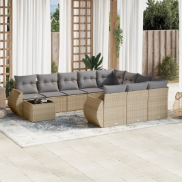 Set de sofás de jardín 11pzas con cojines ratán sintético beige