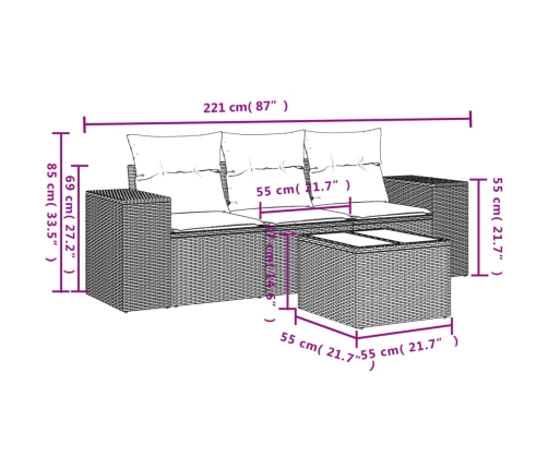 Set de sofás de jardín 4 pzas y cojines ratán sintético gris