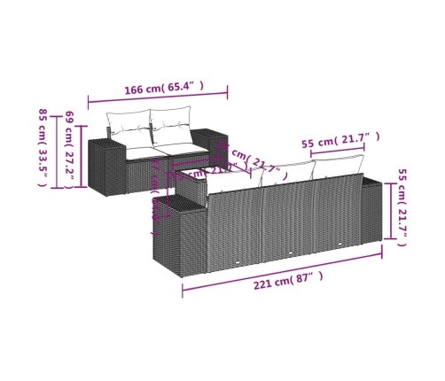 Set de muebles de jardín 6 pzas y cojines ratán sintético gris