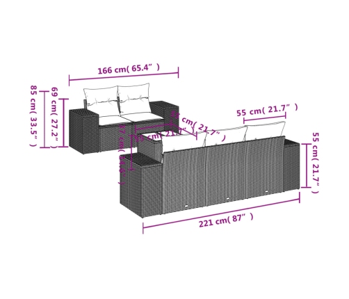 Set de sofás de jardín 6 pzas y cojines ratán sintético gris