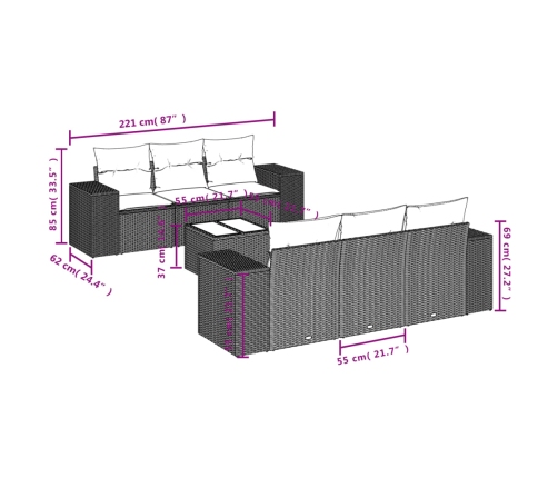 Set de comedor de jardín 7 pzas y cojines ratán sintético negro