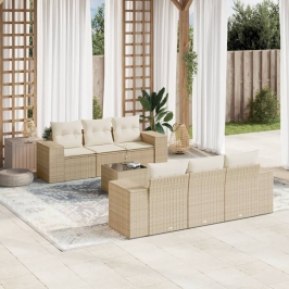 Set sofás de jardín 7 piezas y cojines ratán sintético beige