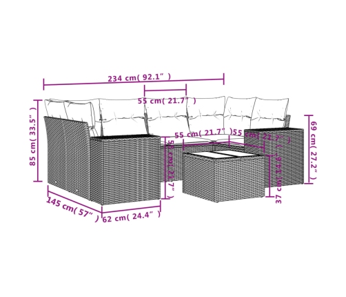 Set de comedor de jardín 7 pzas y cojines ratán sintético negro