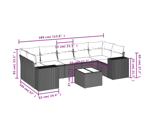 Set de sofás de jardín 8 piezas y cojines ratán sintético negro