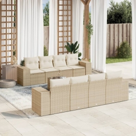 Set de sofás de jardín 9 pzas con cojines ratán sintético beige