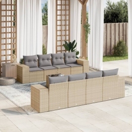 Set de sofás de jardín 9 pzas con cojines ratán sintético beige