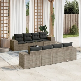 Set de muebles de jardín 9 pzas y cojines ratán sintético gris