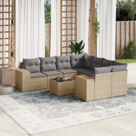 Set de sofás de jardín 9 pzas con cojines ratán sintético beige