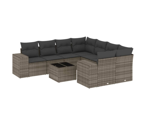 Set de muebles de jardín 9 pzas y cojines ratán sintético gris