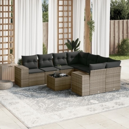 Set de muebles de jardín 9 pzas y cojines ratán sintético gris