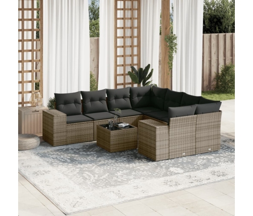 Set de muebles de jardín 9 pzas y cojines ratán sintético gris