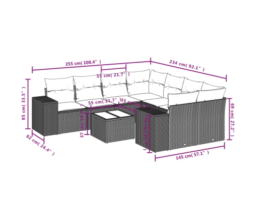 Set muebles jardín 9 pzas y cojines ratán sintético gris claro