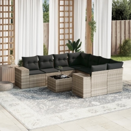 Set muebles jardín 9 pzas y cojines ratán sintético gris claro