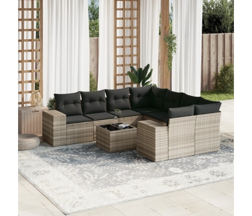 Set muebles jardín 9 pzas y cojines ratán sintético gris claro