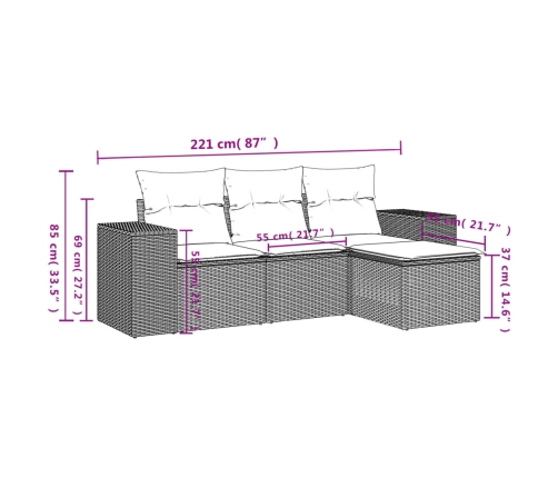 Set de sofás de jardín 4 pzas y cojines ratán sintético gris