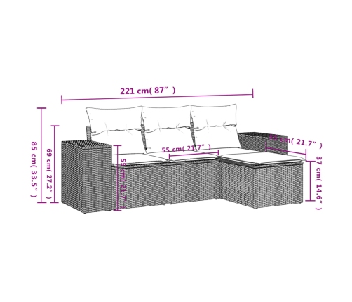 Set de sofás de jardín 4 pzas y cojines ratán sintético marrón