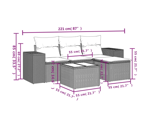 Set de muebles de jardín 5 pzas y cojines ratán sintético negro