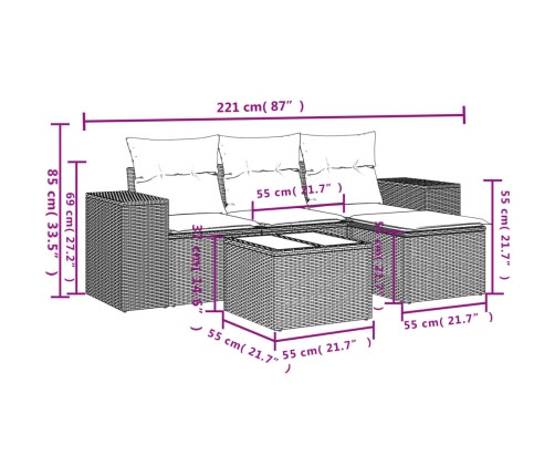 Set comedor de jardín 5 piezas y cojines ratán sintético marrón