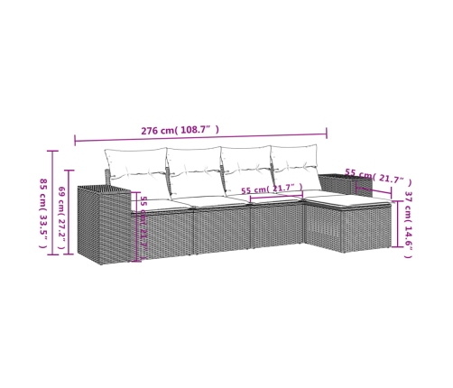 Set de muebles de jardín 5 pzas y cojines ratán sintético negro