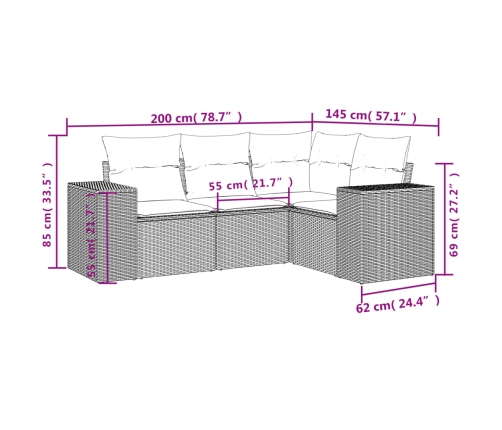 Set de sofás de jardín 4 pzas y cojines ratán sintético gris