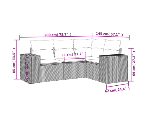 Set de sofás de jardín 4 pzas y cojines ratán sintético marrón