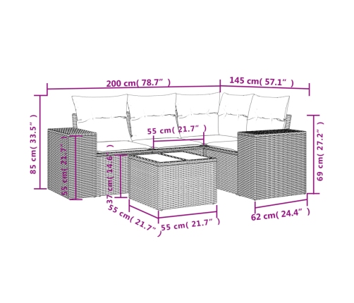 Set de muebles de jardín 5 pzas y cojines ratán sintético negro