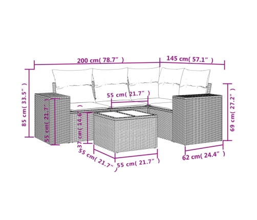 Set comedor de jardín 5 piezas y cojines ratán sintético marrón