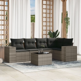 Set de muebles de jardín 6 pzas y cojines ratán sintético gris