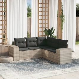 Set de sofás jardín y cojines 5 pzas ratán sintético gris claro
