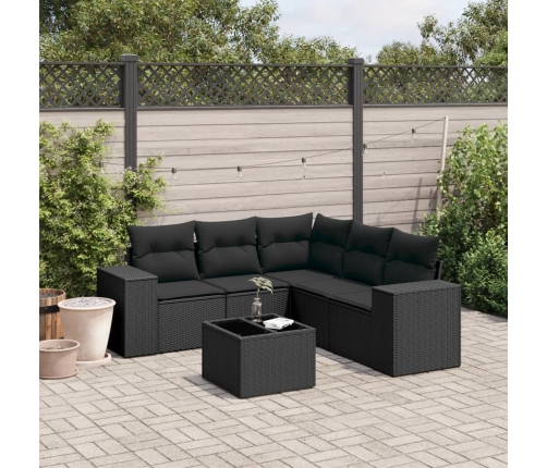 Set de sofás de jardín 6 piezas y cojines ratán sintético negro