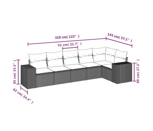 Set de sofás de jardín 6 pzas y cojines ratán sintético gris
