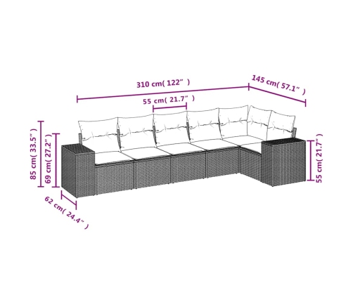 Set sofás de jardín 6 piezas y cojines ratán sintético marrón