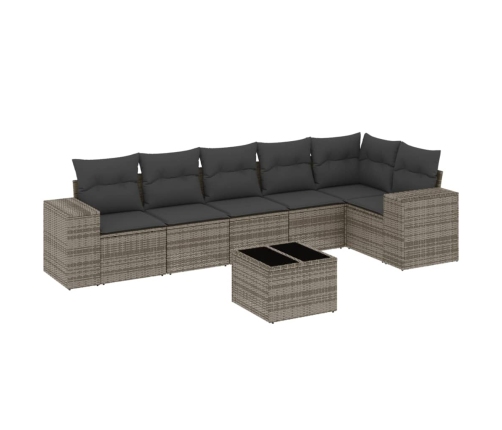 Set de sofás de jardín 7 piezas con cojines ratán PE gris
