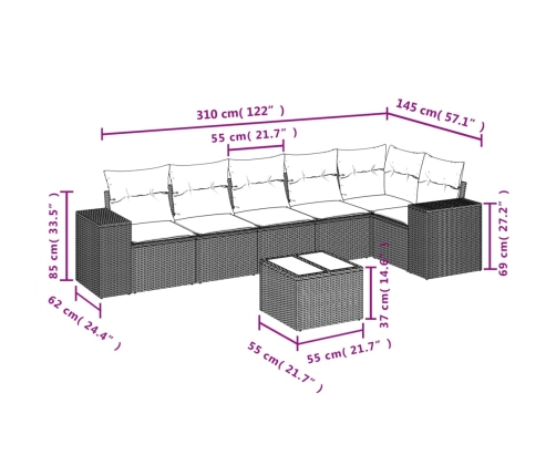 Set de sofás de jardín 7 piezas con cojines ratán PE gris