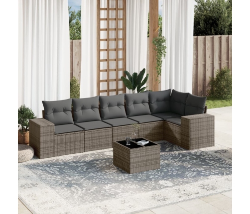 Set de sofás de jardín 7 piezas con cojines ratán PE gris