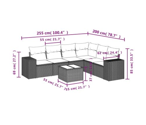 Set de comedor de jardín 7 pzas y cojines ratán sintético negro