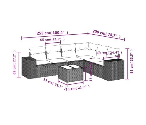 Set de comedor de jardín 7 pzas y cojines ratán sintético negro