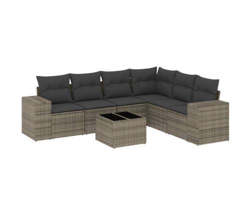 Set de sofás de jardín 7 piezas con cojines ratán PE gris