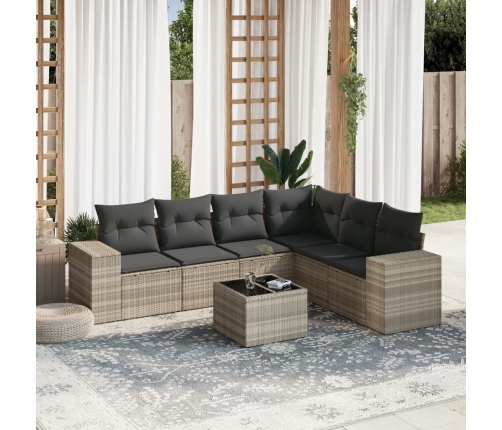 Set de sofás de jardín 7 pzas con cojines ratán PE gris claro
