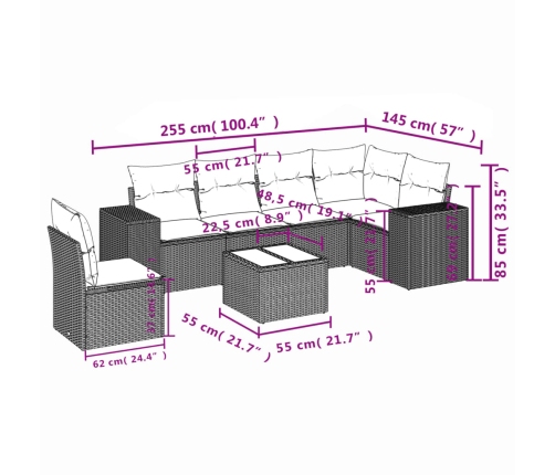 Set de comedor de jardín 7 pzas y cojines ratán sintético negro