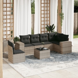 Set de sofás de jardín 7 pzas con cojines ratán PE gris claro