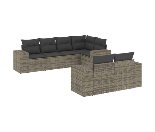 Set de sofás de jardín 7 piezas con cojines ratán PE gris