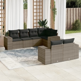 Set de sofás de jardín 7 piezas con cojines ratán PE gris