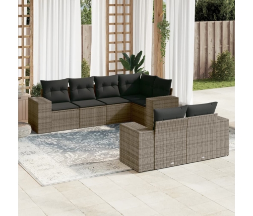 Set de sofás de jardín 7 piezas con cojines ratán PE gris