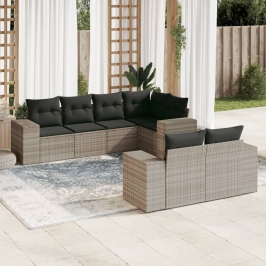 Set de sofás de jardín 7 pzas con cojines ratán PE gris claro