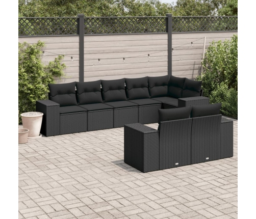 Set de sofás de jardín 8 piezas y cojines ratán sintético negro