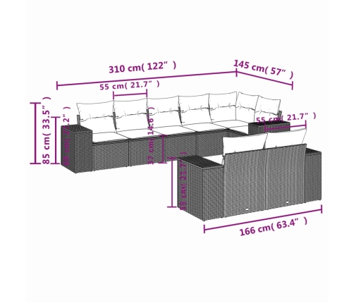 Set de sofás de jardín 8 pzas y cojines ratán sintético gris