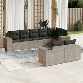 Set de sofás de jardín 8 pzas y cojines ratán sintético gris